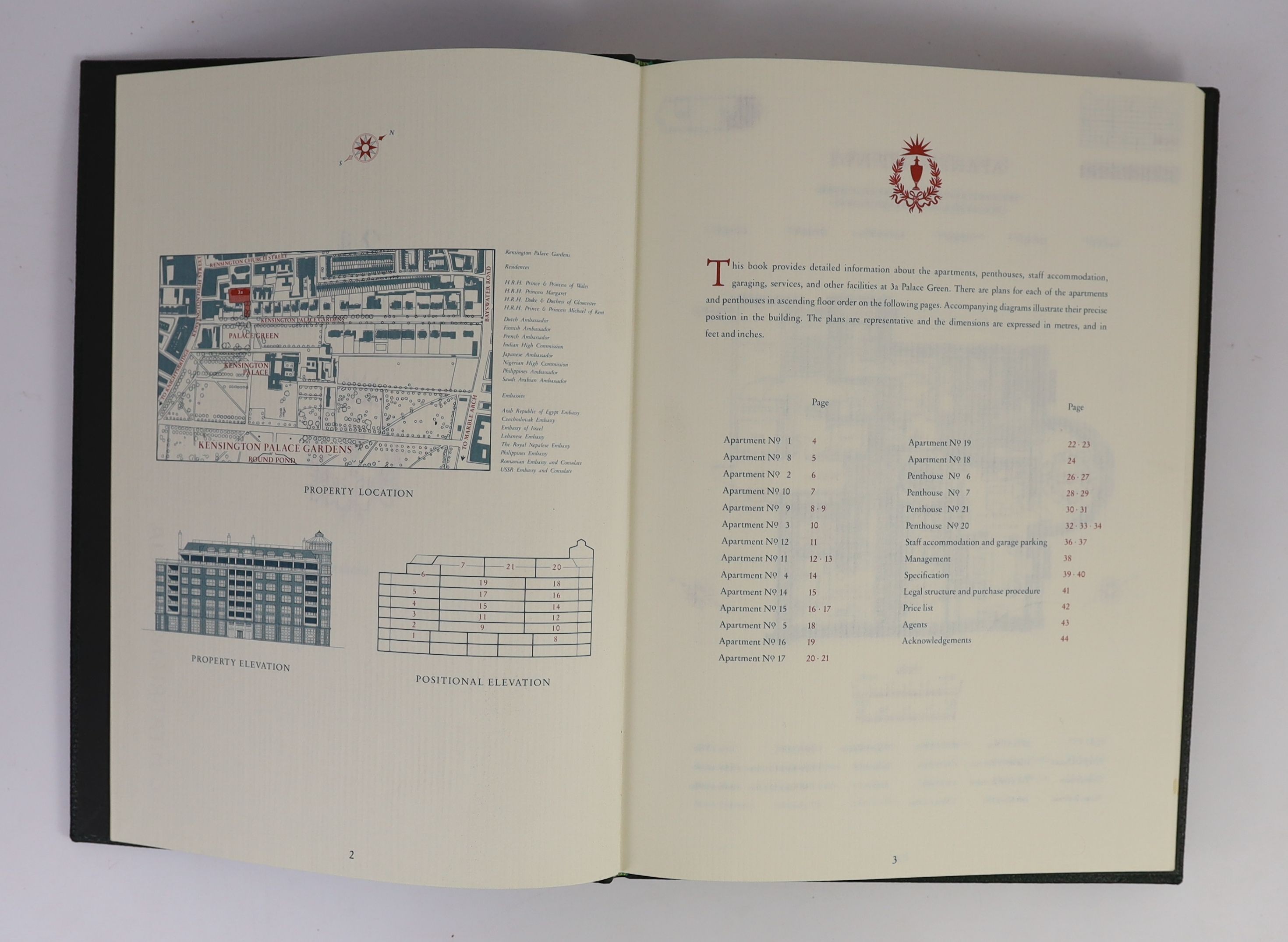 Sales prospectus for 3a, Palace Green, Kensington Palace Gardens, London, 2 vols, text by Jacquey Visick, 4to, green crushed morocco by Zaehndorf, London, 1991, in slip case.